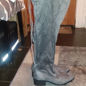 dark gray over the knee suede boots tie at the time low heel pointed almond toe